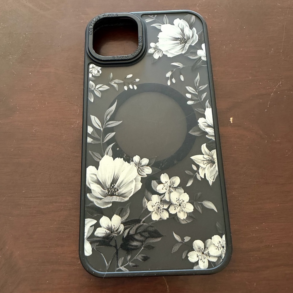 Floral Black & White Protective iPhone 14 Plus case with MagSafe Compatibility